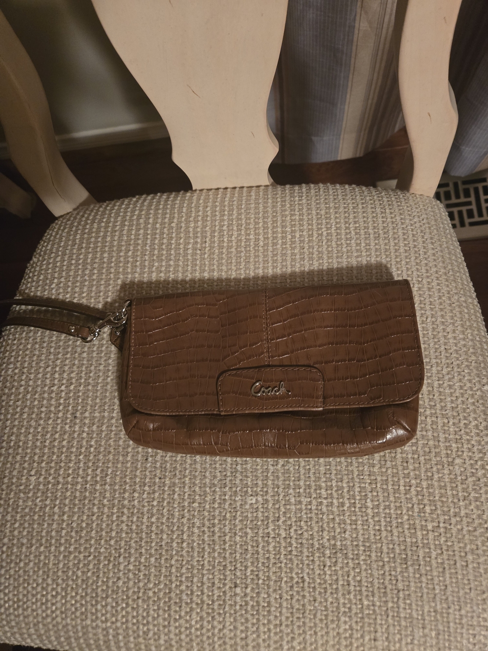 Coach Brown Croc-Embossed Wristlet Clutch with Wrist Strap